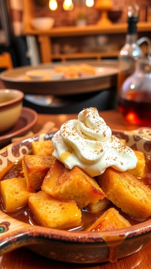 A delicious bowl of bourbon bread pudding topped with whipped cream and caramel sauce, set in a warm kitchen.